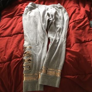 gray and rose pink glitter DKNY sweats!